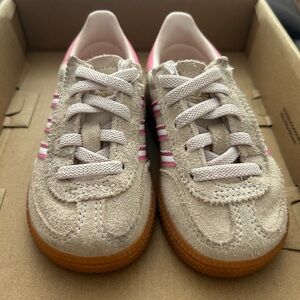 adidas Kids Samba Beige Suede Sneakers with Pink Stripes and Gum Sole